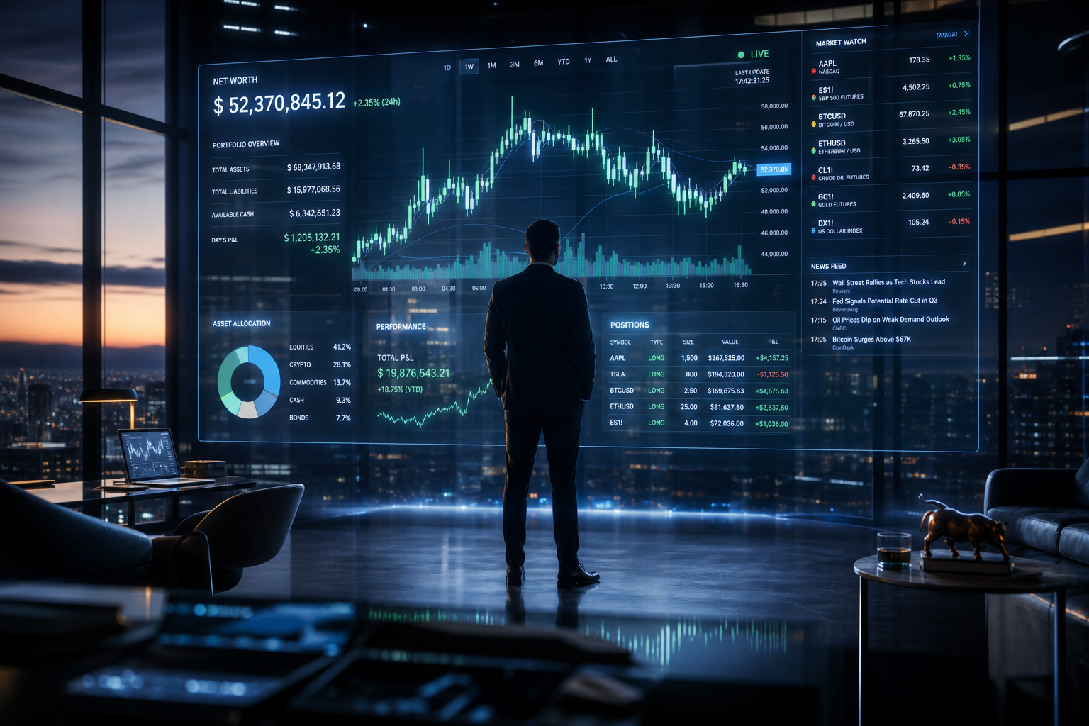 A trader in a sleek glass finance command center interacting with a floating holographic multi-asset portfolio of charts and millisecond tickers at dusk