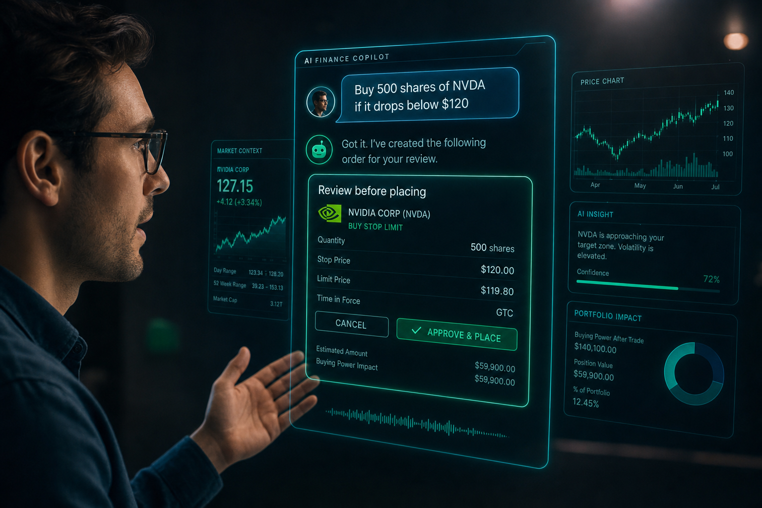 A professional talking to a glowing holographic AI finance copilot that shows a trade-preview approval card with a green guardrail shield