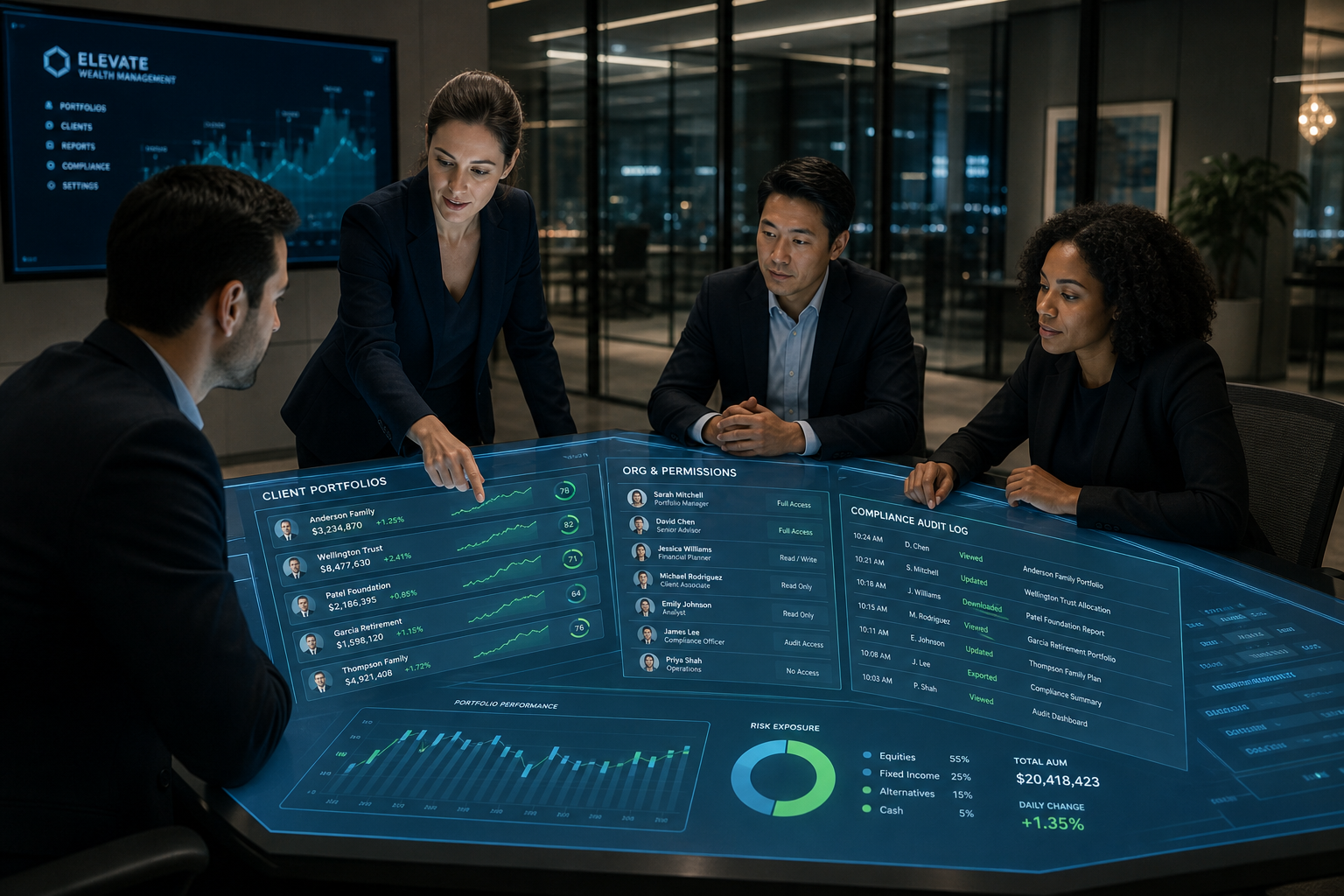 A diverse team of financial advisors collaborating around a holographic table of client portfolios and a compliance audit panel