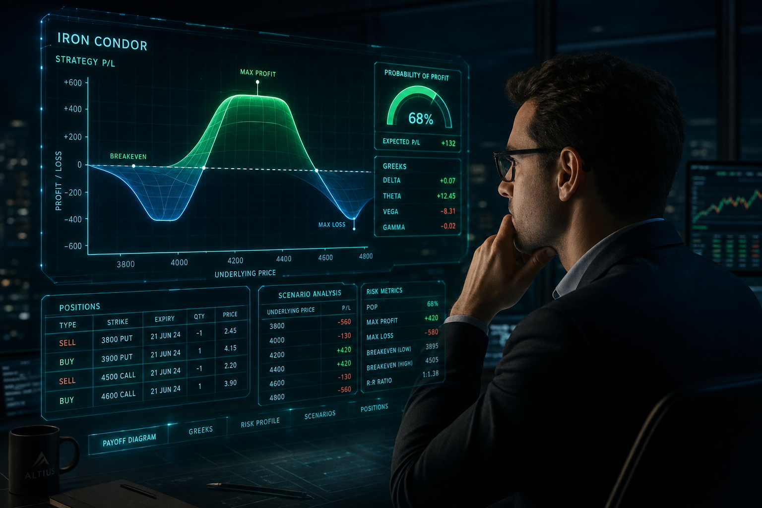 An options specialist studying a 3D holographic options payoff diagram with floating Greeks and probability gauges