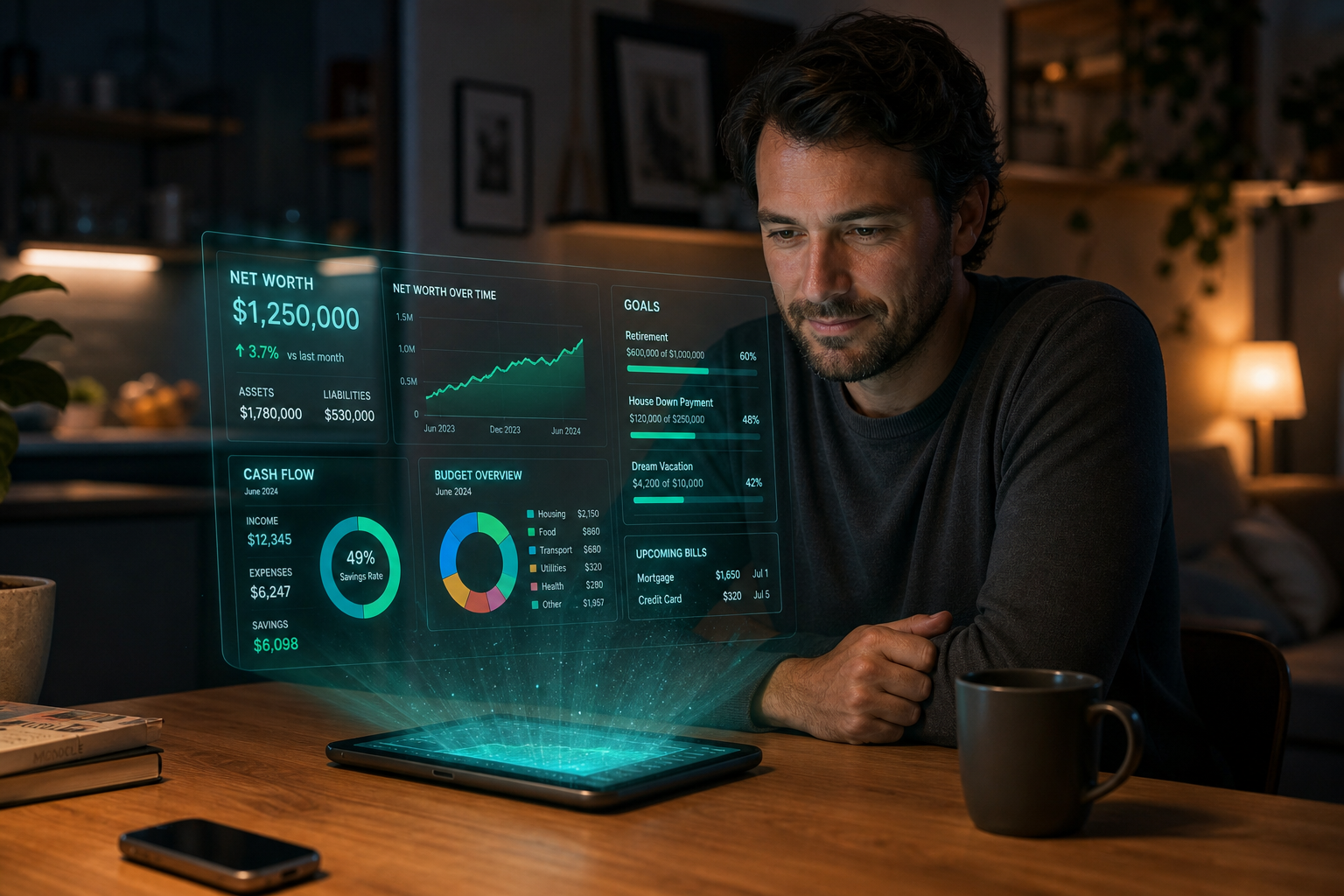 A person at home reviewing a holographic net-worth and cash-flow dashboard projected from a tablet