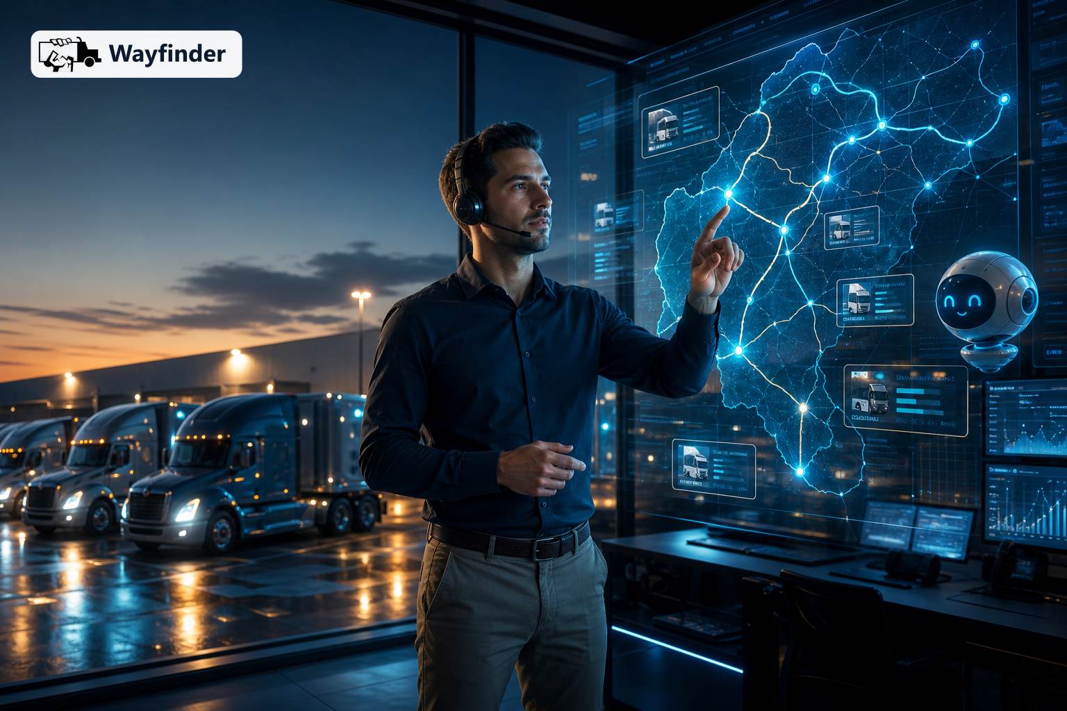 A transport dispatcher in a sleek glass fleet command center interacting with a holographic map of AI-optimized truck routes, with premium semi-trucks parked at a high-tech depot at dusk
