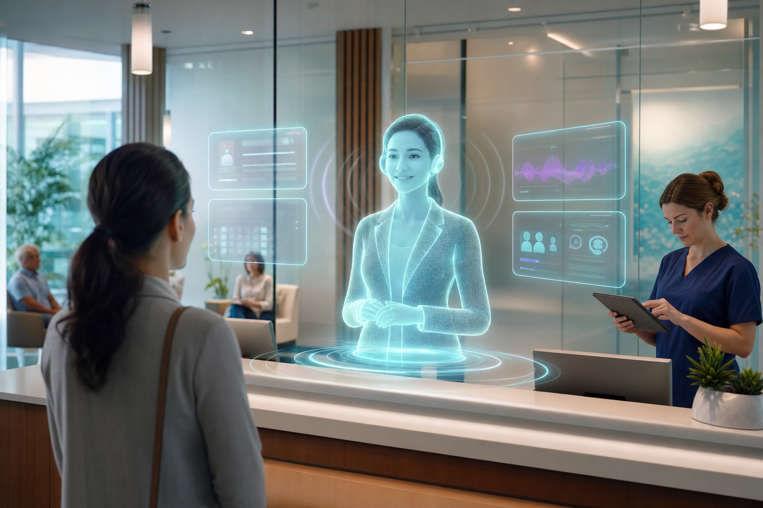 A calm medical clinic reception where a holographic AI voice agent greets and books patients while a nurse assists nearby