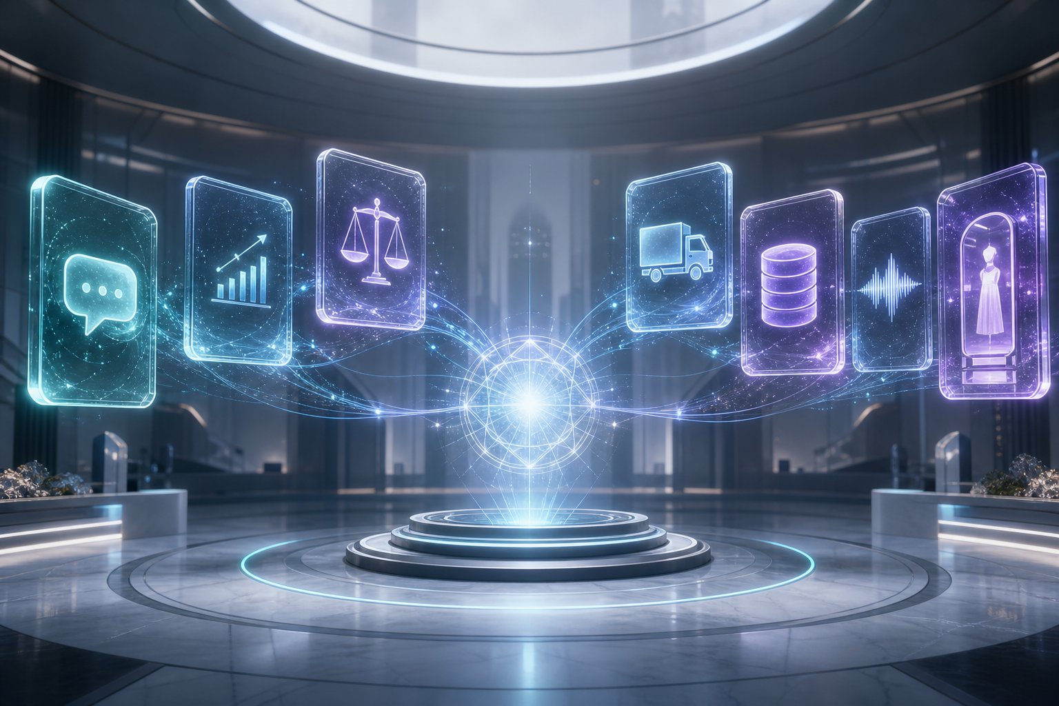 A futuristic gallery of glowing holographic app portals representing the ZadeNor AI product suite, connected to a central core of light