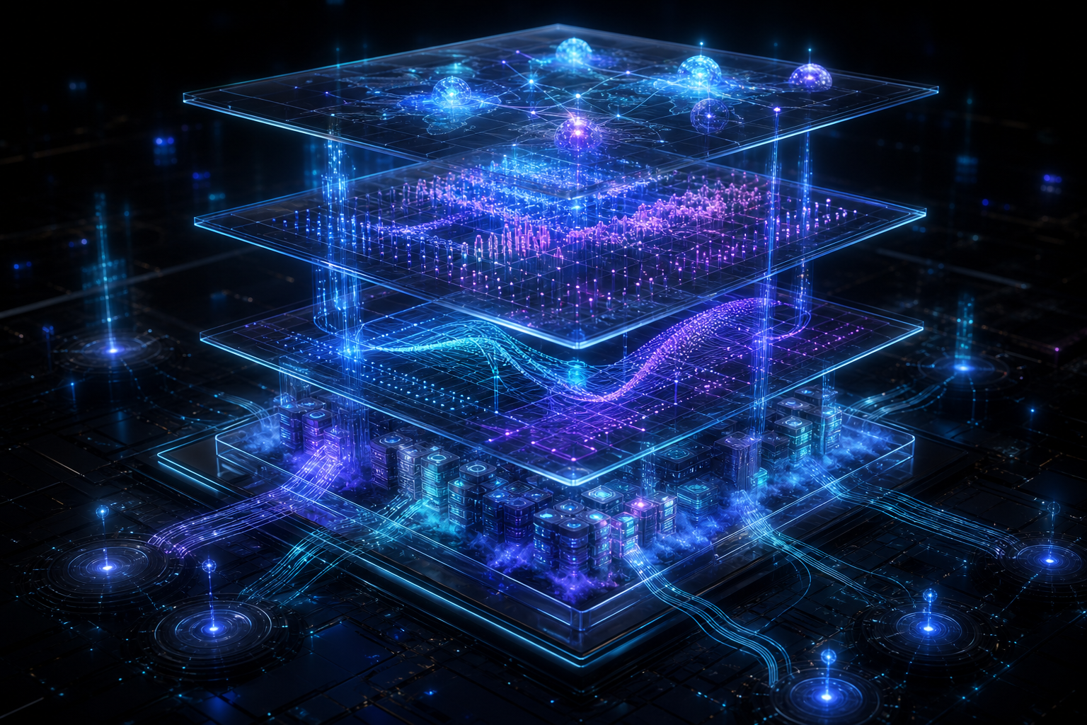 An elegant, bright, layered visualization of an object-storage-native search engine: translucent glass planes for storage, vector indexes, hybrid ranking and edge delivery with luminous data streams flowing between them