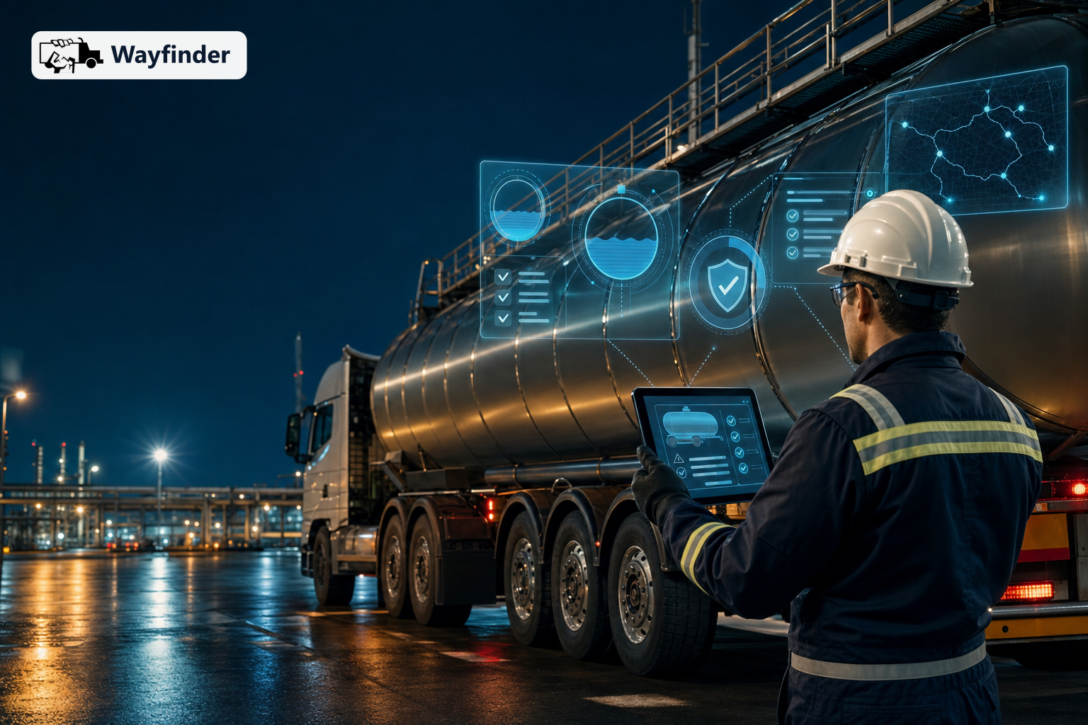 Safety-suited operator holding a tablet showing a hazmat tanker logistics app beside a stainless fuel tanker at a refinery terminal at night, with holographic tank-level and hazmat-compliance overlays