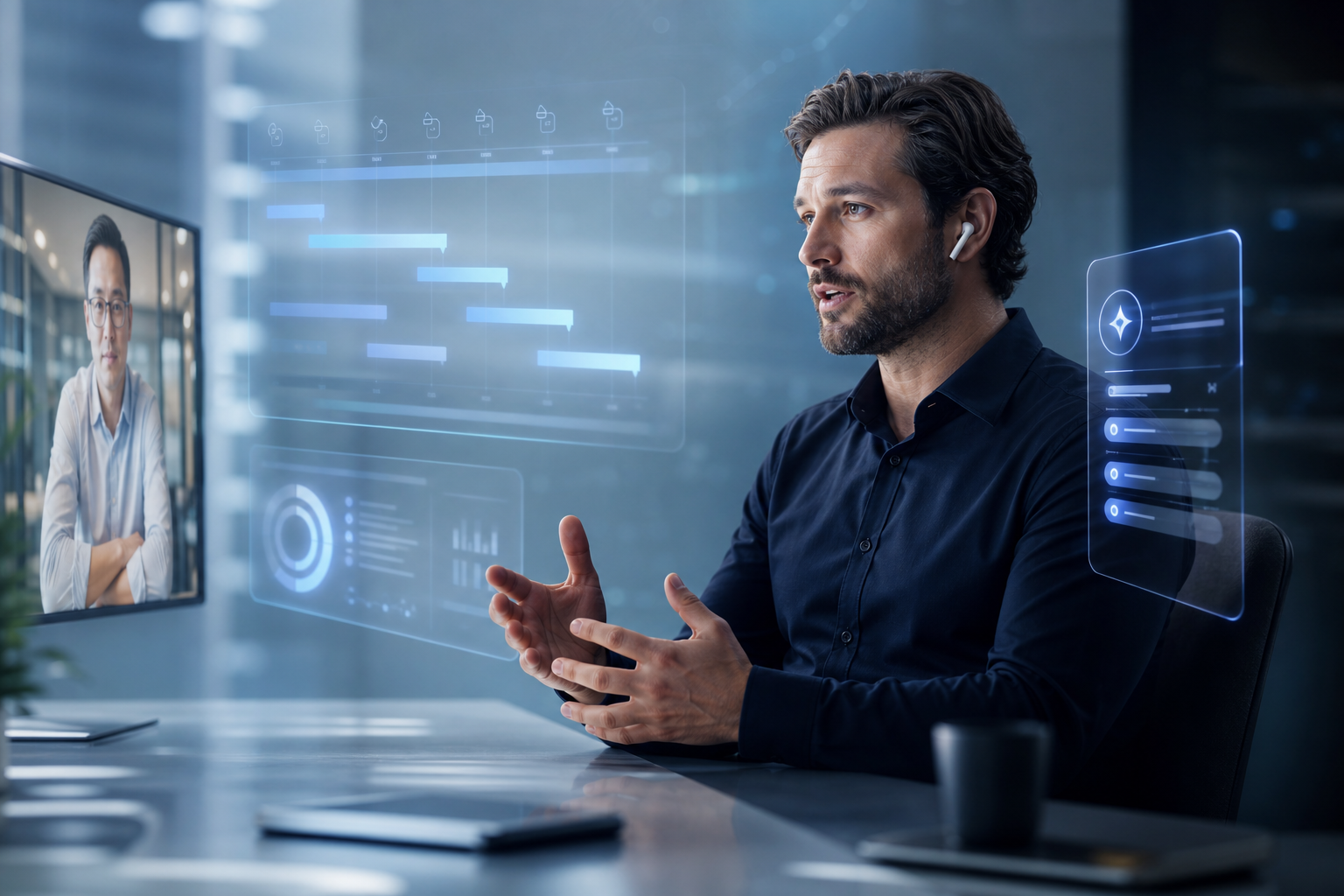 A product manager candidate in a video interview with a holographic product roadmap and an AI copilot suggesting a framework-based answer
