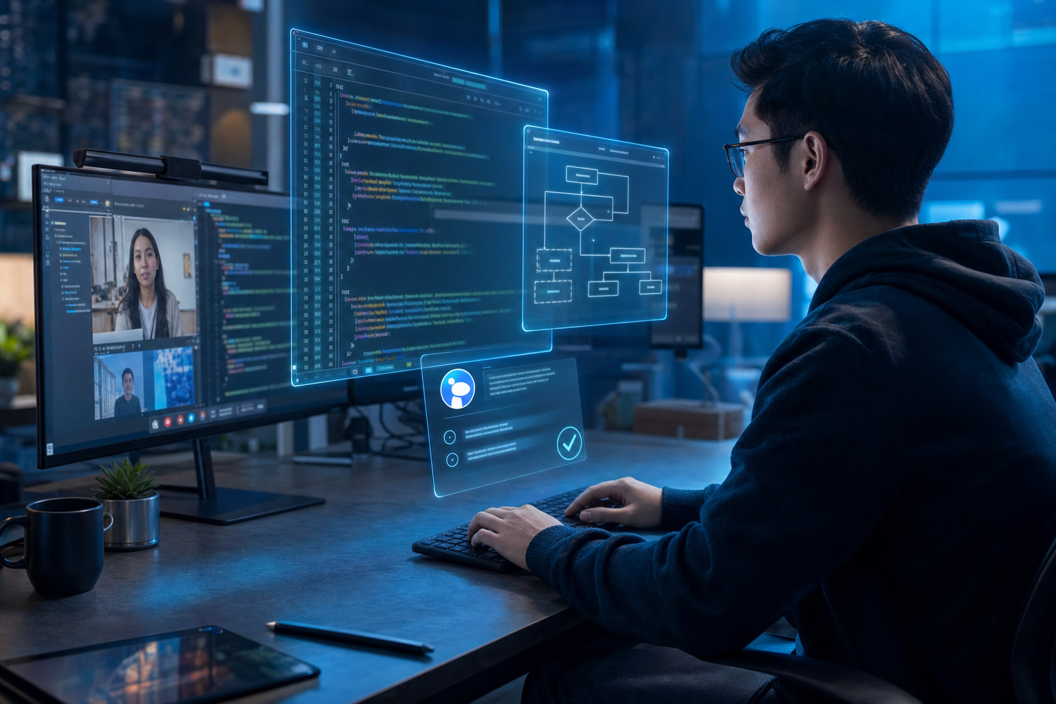 A software engineer in a live video interview with a holographic code editor and a discreet AI answer overlay suggesting an optimal algorithm