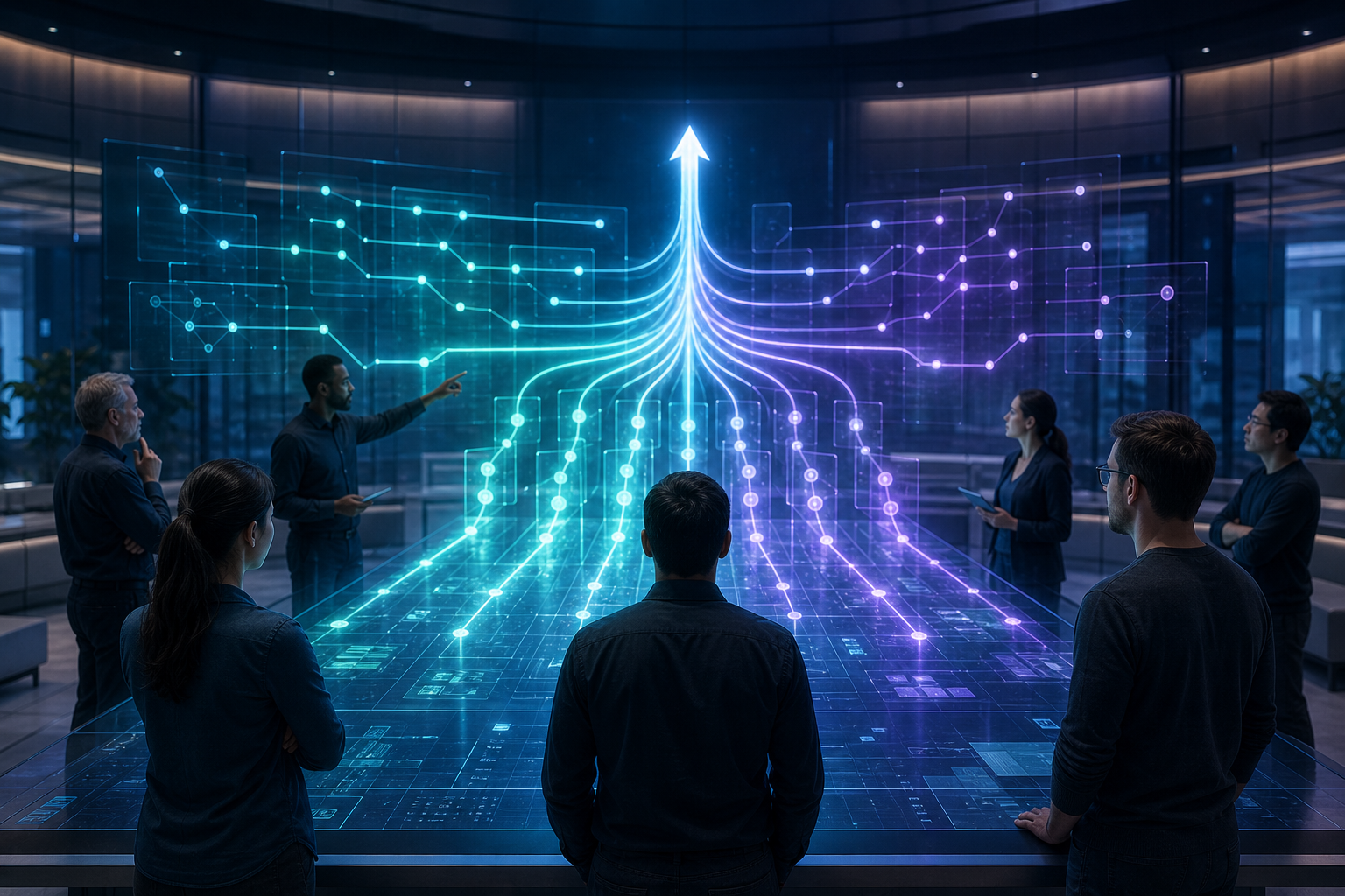 A modern enterprise devops room where a team watches many parallel AI coding agents merge into one release branch of light